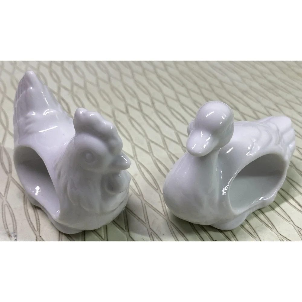 Farmhouse Vintage‎ Napkin Rings White Porcelain Animals Duck&Rooster Japan
